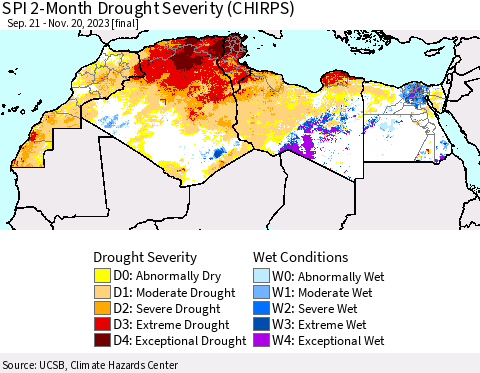 North Africa SPI 2-Month Drought Severity (CHIRPS) Thematic Map For 9/21/2023 - 11/20/2023