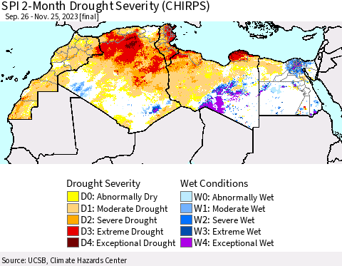 North Africa SPI 2-Month Drought Severity (CHIRPS) Thematic Map For 9/26/2023 - 11/25/2023