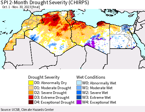 North Africa SPI 2-Month Drought Severity (CHIRPS) Thematic Map For 10/1/2023 - 11/30/2023