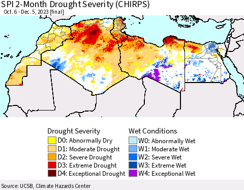 North Africa SPI 2-Month Drought Severity (CHIRPS) Thematic Map For 10/6/2023 - 12/5/2023