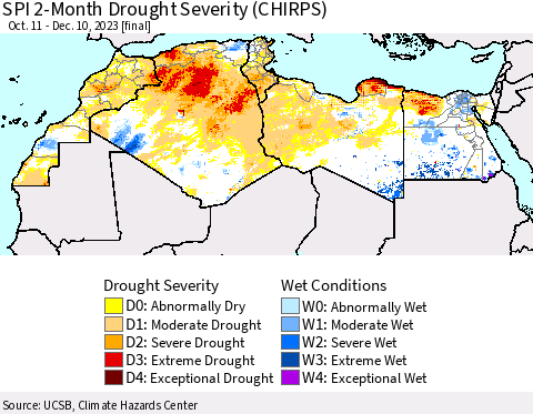 North Africa SPI 2-Month Drought Severity (CHIRPS) Thematic Map For 10/11/2023 - 12/10/2023