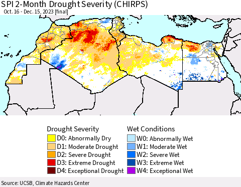 North Africa SPI 2-Month Drought Severity (CHIRPS) Thematic Map For 10/16/2023 - 12/15/2023