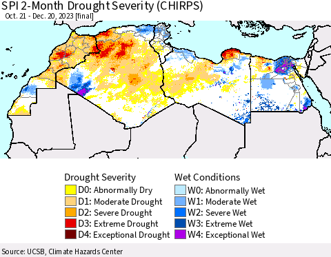 North Africa SPI 2-Month Drought Severity (CHIRPS) Thematic Map For 10/21/2023 - 12/20/2023