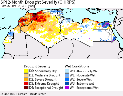 North Africa SPI 2-Month Drought Severity (CHIRPS) Thematic Map For 10/26/2023 - 12/25/2023
