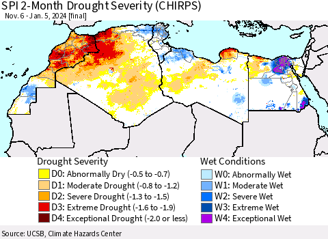 North Africa SPI 2-Month Drought Severity (CHIRPS) Thematic Map For 11/6/2023 - 1/5/2024