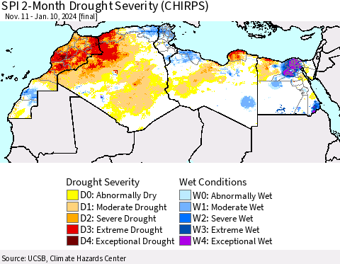 North Africa SPI 2-Month Drought Severity (CHIRPS) Thematic Map For 11/11/2023 - 1/10/2024