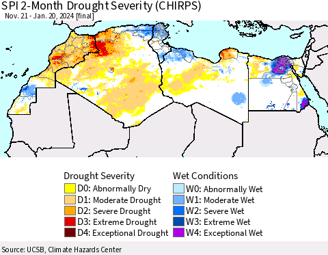 North Africa SPI 2-Month Drought Severity (CHIRPS) Thematic Map For 11/21/2023 - 1/20/2024