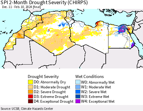 North Africa SPI 2-Month Drought Severity (CHIRPS) Thematic Map For 12/11/2023 - 2/10/2024