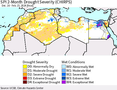North Africa SPI 2-Month Drought Severity (CHIRPS) Thematic Map For 12/16/2023 - 2/15/2024