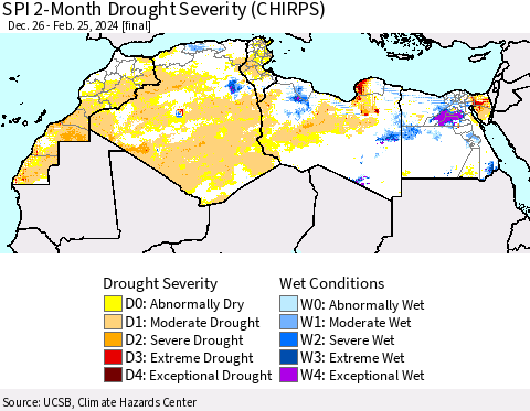 North Africa SPI 2-Month Drought Severity (CHIRPS) Thematic Map For 12/26/2023 - 2/25/2024