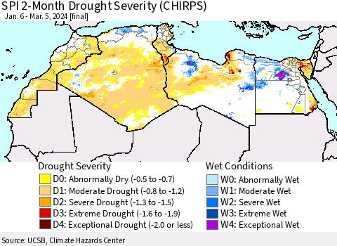 North Africa SPI 2-Month Drought Severity (CHIRPS) Thematic Map For 1/6/2024 - 3/5/2024