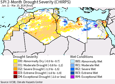 North Africa SPI 2-Month Drought Severity (CHIRPS) Thematic Map For 1/11/2024 - 3/10/2024