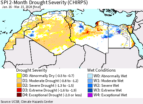North Africa SPI 2-Month Drought Severity (CHIRPS) Thematic Map For 1/16/2024 - 3/15/2024
