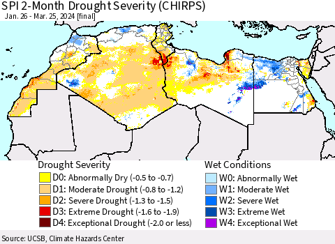 North Africa SPI 2-Month Drought Severity (CHIRPS) Thematic Map For 1/26/2024 - 3/25/2024