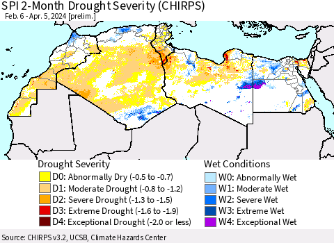 North Africa SPI 2-Month Drought Severity (CHIRPS) Thematic Map For 2/6/2024 - 4/5/2024