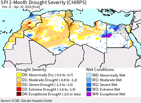 North Africa SPI 2-Month Drought Severity (CHIRPS) Thematic Map For 2/11/2024 - 4/10/2024