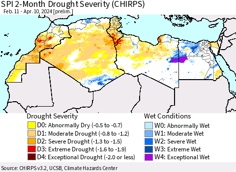 North Africa SPI 2-Month Drought Severity (CHIRPS) Thematic Map For 2/11/2024 - 4/10/2024
