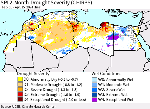 North Africa SPI 2-Month Drought Severity (CHIRPS) Thematic Map For 2/16/2024 - 4/15/2024