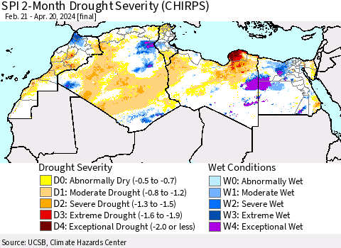 North Africa SPI 2-Month Drought Severity (CHIRPS) Thematic Map For 2/21/2024 - 4/20/2024