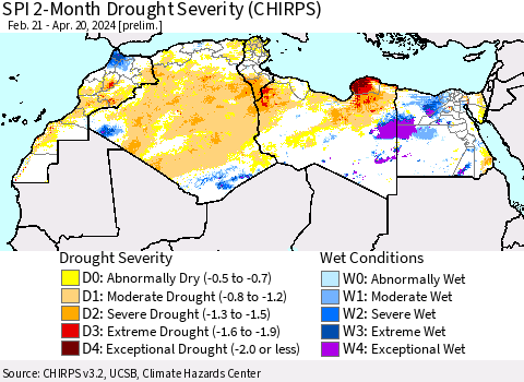 North Africa SPI 2-Month Drought Severity (CHIRPS) Thematic Map For 2/21/2024 - 4/20/2024