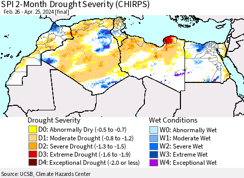 North Africa SPI 2-Month Drought Severity (CHIRPS) Thematic Map For 2/26/2024 - 4/25/2024