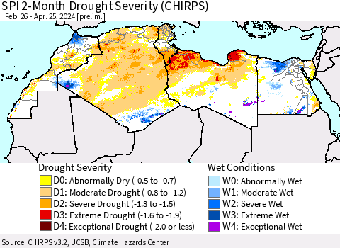 North Africa SPI 2-Month Drought Severity (CHIRPS) Thematic Map For 2/26/2024 - 4/25/2024