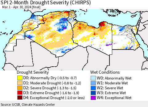 North Africa SPI 2-Month Drought Severity (CHIRPS) Thematic Map For 3/1/2024 - 4/30/2024
