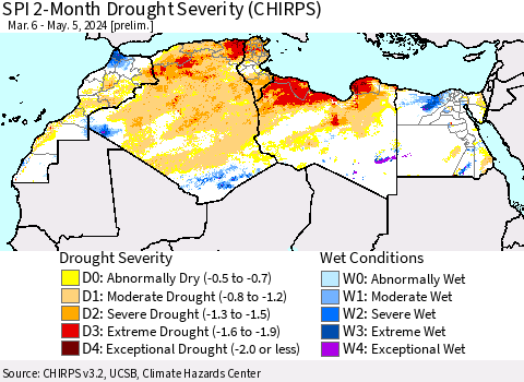 North Africa SPI 2-Month Drought Severity (CHIRPS) Thematic Map For 3/6/2024 - 5/5/2024