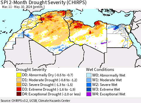 North Africa SPI 2-Month Drought Severity (CHIRPS) Thematic Map For 3/11/2024 - 5/10/2024