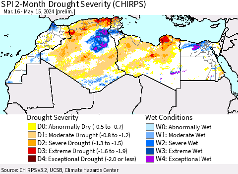 North Africa SPI 2-Month Drought Severity (CHIRPS) Thematic Map For 3/16/2024 - 5/15/2024