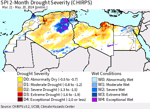 North Africa SPI 2-Month Drought Severity (CHIRPS) Thematic Map For 3/21/2024 - 5/20/2024
