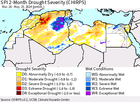 North Africa SPI 2-Month Drought Severity (CHIRPS) Thematic Map For 3/26/2024 - 5/25/2024