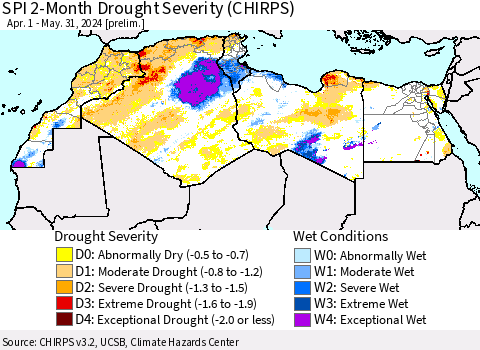 North Africa SPI 2-Month Drought Severity (CHIRPS) Thematic Map For 4/1/2024 - 5/31/2024