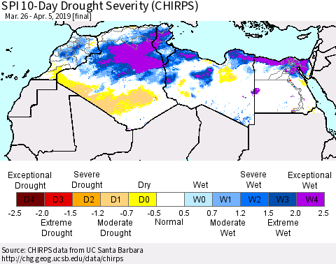 North Africa SPI 10-Day Drought Severity (CHIRPS) Thematic Map For 3/26/2019 - 4/5/2019