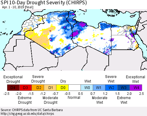 North Africa SPI 10-Day Drought Severity (CHIRPS) Thematic Map For 4/1/2019 - 4/10/2019
