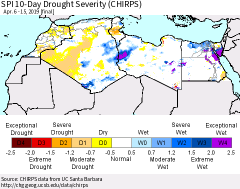 North Africa SPI 10-Day Drought Severity (CHIRPS) Thematic Map For 4/6/2019 - 4/15/2019