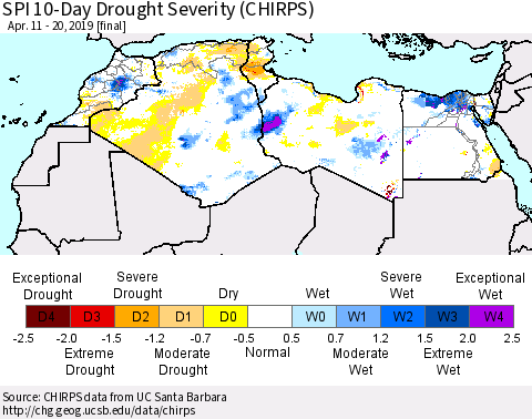 North Africa SPI 10-Day Drought Severity (CHIRPS) Thematic Map For 4/11/2019 - 4/20/2019