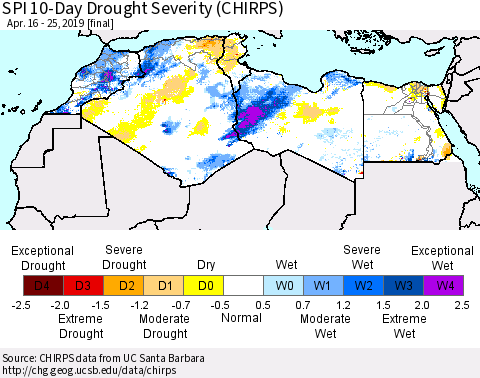 North Africa SPI 10-Day Drought Severity (CHIRPS) Thematic Map For 4/16/2019 - 4/25/2019
