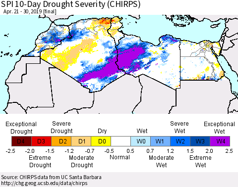 North Africa SPI 10-Day Drought Severity (CHIRPS) Thematic Map For 4/21/2019 - 4/30/2019