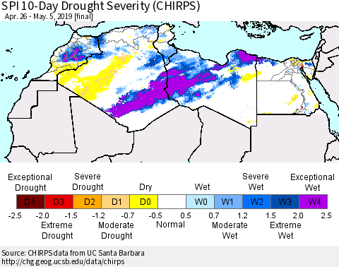 North Africa SPI 10-Day Drought Severity (CHIRPS) Thematic Map For 4/26/2019 - 5/5/2019