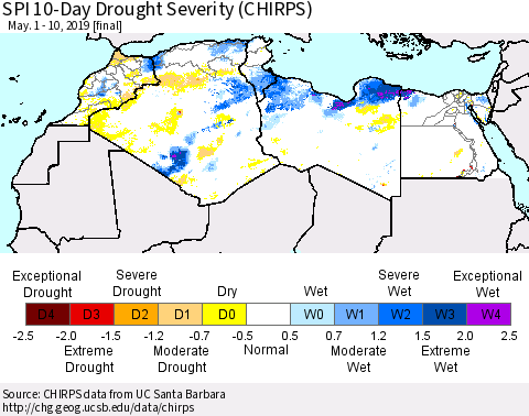 North Africa SPI 10-Day Drought Severity (CHIRPS) Thematic Map For 5/1/2019 - 5/10/2019