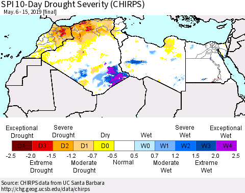 North Africa SPI 10-Day Drought Severity (CHIRPS) Thematic Map For 5/6/2019 - 5/15/2019
