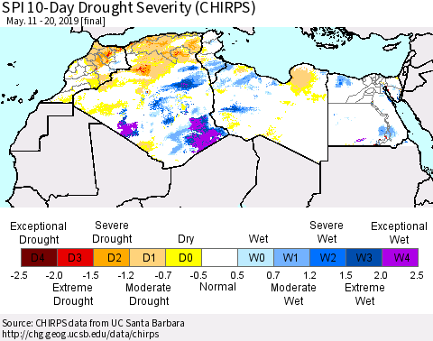 North Africa SPI 10-Day Drought Severity (CHIRPS) Thematic Map For 5/11/2019 - 5/20/2019