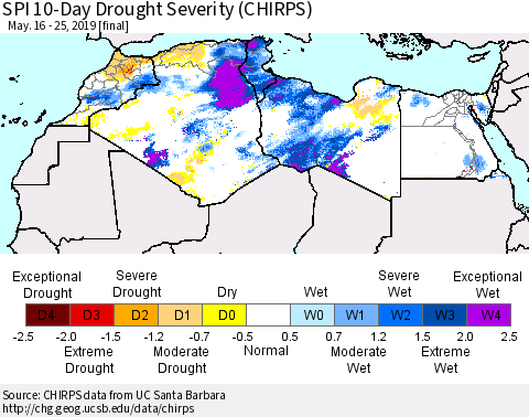 North Africa SPI 10-Day Drought Severity (CHIRPS) Thematic Map For 5/16/2019 - 5/25/2019