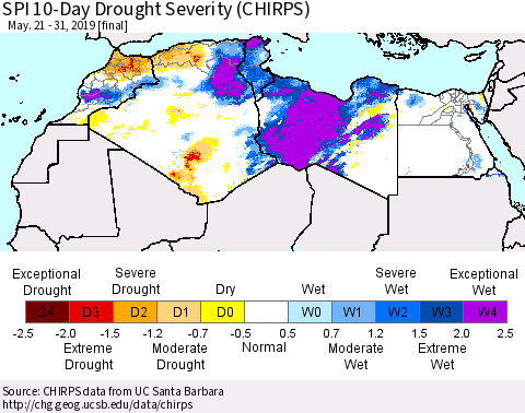 North Africa SPI 10-Day Drought Severity (CHIRPS) Thematic Map For 5/21/2019 - 5/31/2019