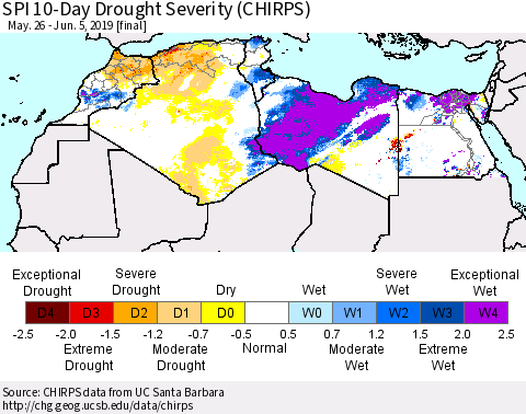 North Africa SPI 10-Day Drought Severity (CHIRPS) Thematic Map For 5/26/2019 - 6/5/2019
