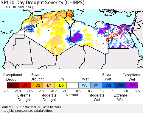 North Africa SPI 10-Day Drought Severity (CHIRPS) Thematic Map For 6/1/2019 - 6/10/2019