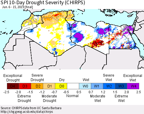 North Africa SPI 10-Day Drought Severity (CHIRPS) Thematic Map For 6/6/2019 - 6/15/2019