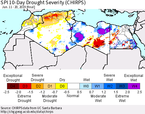 North Africa SPI 10-Day Drought Severity (CHIRPS) Thematic Map For 6/11/2019 - 6/20/2019