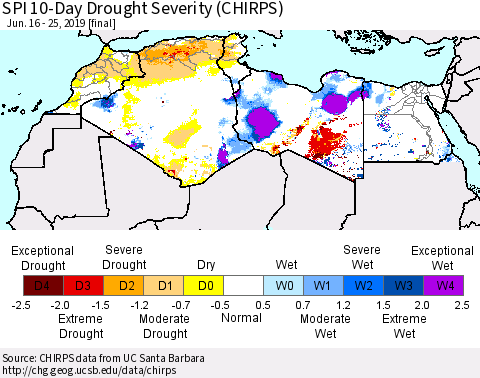 North Africa SPI 10-Day Drought Severity (CHIRPS) Thematic Map For 6/16/2019 - 6/25/2019